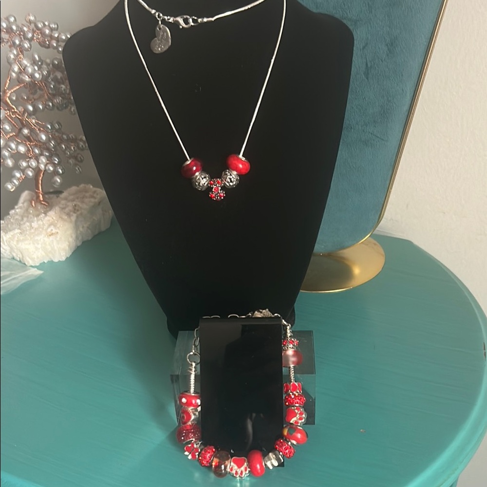 Handcrafted New Red and Silver Glass Enamel Charm Bead Necklace and Bracelet Set